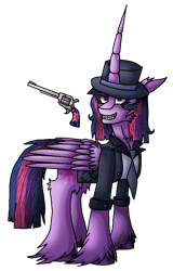 Size: 615x960 | Tagged: safe, artist:captainofhopes, twilight sparkle, twilight sparkle (alicorn), alicorn, pony, clothes, female, gun, hat, long horn, mare, solo, weapon