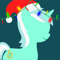Size: 795x800 | Tagged: safe, artist:arifproject, edit, part of a set, lyra heartstrings, pony, unicorn, animated, arif's christmas pones, beautiful, christmas lights, cute, cutie mark, dark background, derpibooru background pony icon, featured image, female, garland, gif, green background, happy, hat, horn, lights, lineless, lyrabetes, mare, minimalist, santa hat, simple background, smiling, solo, two toned mane, two toned tail