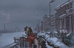 Size: 1024x666 | Tagged: safe, artist:agm, earth pony, pony, car, city, cityscape, clothes, russia, saint petersburg, snow, winter