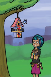 Size: 534x800 | Tagged: safe, artist:sensko, indigo zap, bird, equestria girls, friendship games, bird house, excited, hammer, humanized, safebird, solo, toolbelt, tools