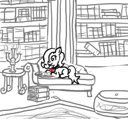 Size: 640x600 | Tagged: safe, artist:ficficponyfic, oc, oc only, oc:emerald jewel, earth pony, pony, amulet, book, bookshelf, candle, candlelight, child, colt, colt quest, cute, foal, hair over one eye, library, male, reading, smiling, story included, table