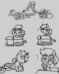 Size: 1000x1249 | Tagged: safe, artist:thebirdiebin, oc, oc:anonguard, oc:steel charge, oc:sundance, oc:treads, pony, adorable face, adventurer, armor, box, box tank, colt quest, crossover, cute, cyoa:galloping steel, cyoa:hijack, cyoa:just another day, cyoa:royal guard survival, doll, female, guard, guards, happy, male, mare, squee, stallion, story included, tank (vehicle), toy