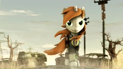 Size: 1920x1080 | Tagged: safe, artist:monmonstar, oc, oc only, oc:littlepip, pony, unicorn, fallout equestria, 3d, clothes, crossover, dead tree, fallout, fanfic, fanfic art, female, looking at you, mare, pipbuck, solo, tree, vault suit, wasteland