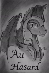 Size: 1275x1913 | Tagged: safe, oc, oc only, oc:au hasard, bat pony, pony, armor, fangs, grayscale, helmet, looking at you, monochrome, night guard, royal guard, slit eyes, solo