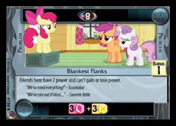 Size: 500x358 | Tagged: safe, apple bloom, scootaloo, sweetie belle, ccg, cutie mark crusaders, enterplay, marks in time, merchandise, misspelling