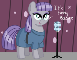 Size: 1189x939 | Tagged: safe, artist:pastelhorses, maud pie, curtains, cute, explaining the joke, joke, microphone, solo, stage