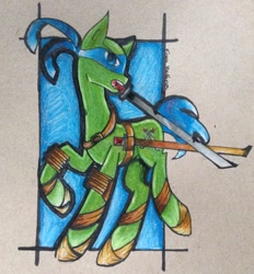 Size: 1186x1280 | Tagged: safe, artist:mizulela, leonardo, ponified, solo, sword, teenage mutant ninja turtles, traditional art, weapon