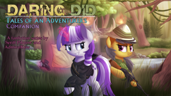 Size: 1920x1080 | Tagged: safe, artist:vanillaghosties, edit, daring do, twilight velvet, pegasus, pony, unicorn, series:daring did tales of an adventurer's companion, ak, ak-47, assault rifle, bipedal, clothes, duo, fanfic, fanfic art, female, forest, glowing horn, grass, grin, gun, hat, hood, hoodie, magic, map, mare, outdoors, rifle, smiling, standing, text edit, tree, weapon