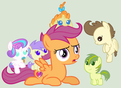 Size: 1024x746 | Tagged: safe, artist:3d4d, cream puff, pound cake, princess flurry heart, pumpkin cake, scootaloo, pony, apple bud, baby, baby pony, babysitting, simple background