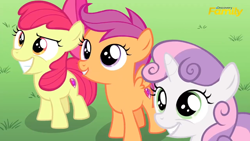 Size: 1600x900 | Tagged: safe, screencap, apple bloom, scootaloo, sweetie belle, on your marks, cutie mark crusaders, discovery family logo, smiling