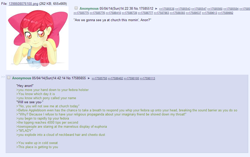 Size: 982x616 | Tagged: safe, apple bloom, oc, oc:anon, /mlp/, 4chan, antitheism, euphoric, fedora, fedora shaming, greentext, hat, m'lady, neckbeard, text