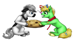 Size: 5120x2880 | Tagged: safe, artist:lupiarts, oc, oc only, oc:snoopy stallion, oc:sugar high, earth pony, pony, absurd resolution, candy, candy cane, colt, cookie, cute, eyes on the prize, fight, floppy ears, fluffy, food, frown, giant cookie, glare, grin, lollipop, male, pulling, simple background, sitting, smiling, squee, transparent background, tug of war, unshorn fetlocks