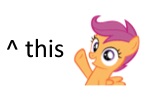 Size: 150x100 | Tagged: safe, artist:theelinker, scootaloo, pony, juxtaposition bait, picture for breezies, ponymotes, reaction image, solo, text, this