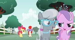 Size: 1036x547 | Tagged: safe, screencap, apple bloom, diamond tiara, silver spoon, earth pony, pony, call of the cutie, apple bloom is not amused, apple bloom's bow, arrogant, best friends, bow, bully, bullying, female, filly, foal, frown, glare, glasses, hair bow, jewelry, laughing, looking at each other, narrowed eyes, necklace, pearl necklace, sin of pride, smiling, smirk, snob, tiara, unamused, upset, walking