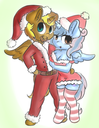 Size: 1280x1653 | Tagged: safe, artist:wickedsilly, oc, oc only, oc:prince cosmic light, oc:princess sorraia, alicorn, anthro, unguligrade anthro, alicorn oc, anthro oc, breasts, chibi, christmas, cleavage, clothes, costume, female, hat, santa costume, santa hat, socks, sorright, striped socks