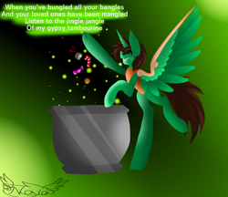 Size: 1480x1280 | Tagged: safe, artist:novanightmarebrine, oc, oc only, oc:frost d. tart, alicorn, pony, friendship is witchcraft, alicorn oc, candy, cauldron, eyeball, eyes closed, food, gypsy bard, lyrics, smiling