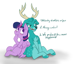 Size: 1950x1680 | Tagged: safe, artist:wizardski, twilight sparkle, twilight sparkle (alicorn), oc, oc:teal deer, alicorn, deer, pony, :>, blushing, canon x oc, chest fluff, cute, eye shimmer, female, floppy ears, male, mare, non-mlp oc, shipping, spots, straight, that was fast, tsundere, twiabetes, twildr, wingding eyes