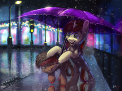 Size: 1010x755 | Tagged: safe, artist:amishy, oc, oc only, earth pony, unicorn, duo, night, rain, road, ruffled hair, streetlight, traffic light, umbrella, unshorn fetlocks