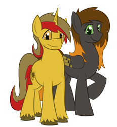 Size: 4328x4688 | Tagged: safe, artist:unpeeledwasp, oc, oc only, oc:caz, oc:gearlock, pegasus, pony, unicorn, 2017 community collab, absurd resolution, amputee, augmented, derpibooru community collaboration, looking at you, prosthetic limb, prosthetic wing, prosthetics, simple background, transparent background