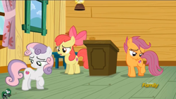 Size: 1920x1080 | Tagged: safe, screencap, apple bloom, scootaloo, sweetie belle, on your marks, cutie mark, cutie mark adoration, cutie mark crusaders, discovery family logo, podium, the cmc's cutie marks