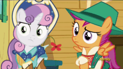 Size: 960x540 | Tagged: safe, screencap, apple bloom, scootaloo, sweetie belle, on your marks, animated, blushing, boots, clothes, cow belle, cowboy boots, cowboy hat, cutie mark, cutie mark crusaders, discovery family logo, embarrassed, hat, lederhosen, out of context, raised eyebrow, seriously, shoes, skirt, skirt lift, skirt pull, the cmc's cutie marks, we already got our mark, yodeloo