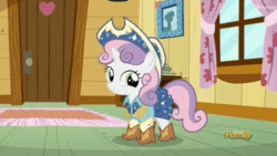 Size: 500x281 | Tagged: safe, screencap, sweetie belle, pony, unicorn, on your marks, animated, boots, clothes, clubhouse, cow belle, cowboy boots, cowboy hat, crusaders clubhouse, cute, dancing, diasweetes, discovery family logo, eyes closed, female, filly, hat, skirt, smiling, wink