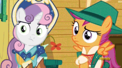 Size: 720x405 | Tagged: safe, screencap, scootaloo, sweetie belle, pegasus, pony, unicorn, on your marks, animated, boots, clothes, cow belle, cowboy boots, cowboy hat, cutie mark, discovery family logo, dress, duh, female, filly, flank, frown, hat, lederhosen, looking at you, plot, raised eyebrow, shoes, skirt, skirt lift, stetson, the cmc's cutie marks, unamused, we already got our mark, yodeloo