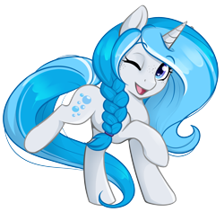 Size: 2119x2000 | Tagged: safe, artist:askbubblelee, oc, oc only, oc:bubble lee, pony, unicorn, 2017 community collab, braid, cute, derpibooru community collaboration, freckles, heart eyes, looking at you, ocbetes, one eye closed, open mouth, raised hoof, raised leg, simple background, smiling, solo, transparent background, wingding eyes, wink