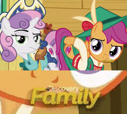 Size: 953x860 | Tagged: safe, edit, screencap, scootaloo, sweetie belle, on your marks, a family picture, clothes, costume, cow belle, cutie mark, discovery family logo, hat, lederhosen, out of context, plot, raised eyebrow, the cmc's cutie marks, we already got our mark, yodeloo