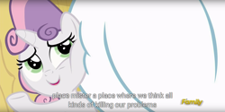 Size: 1920x960 | Tagged: safe, screencap, bulk biceps, sweetie belle, on your marks, discovery family logo, meme, squished, squishy cheeks, youtube caption