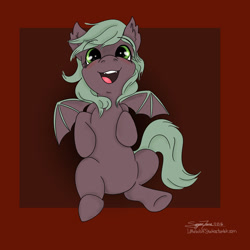 Size: 1000x1000 | Tagged: safe, artist:littlewolfstudios, oc, oc only, oc:sangria, bat pony, pony, baby, bellyrubs, cute, female, filly, foal, on back, solo, teeth