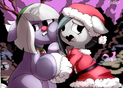 Size: 2679x1933 | Tagged: safe, artist:tofutiles, limestone pie, marble pie, bell, bell collar, cheek squish, clothes, collar, floppy ears, hat, jingle bells, present, red nose, reindeer antlers, santa costume, santa hat, stone