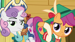 Size: 1280x720 | Tagged: safe, screencap, scootaloo, sweetie belle, pegasus, pony, unicorn, on your marks, boots, clothes, cow belle, cowboy boots, cowboy hat, cutie mark, female, filly, hat, hooves, lederhosen, out of context, plot, shoes, skirt, skirt lift, stetson, the cmc's cutie marks, we already got our mark, yodeloo