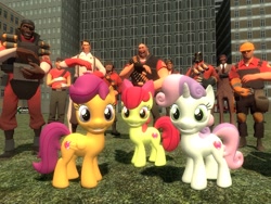 Size: 1024x768 | Tagged: safe, artist:sonic5421, apple bloom, scootaloo, sweetie belle, 3d, cutie mark, cutie mark crusaders, demoman, engineer, gmod, heavy, heavy weapons guy, medic, pyro, scout, sniper, soldier, spy, team fortress 2, the cmc's cutie marks