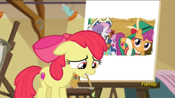 Size: 1280x720 | Tagged: safe, edit, edited screencap, screencap, apple bloom, scootaloo, sweetie belle, on your marks, apple bloom's painting, clothes, cow belle, cowgirl outfit, cutie mark, discovery family logo, lederhosen, looking at you, meme, out of context, painting, plot, plot pair, the cmc's cutie marks, yodeloo