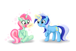 Size: 1500x1000 | Tagged: safe, artist:0biter, minty bubblegum, minuette, brushing teeth, toothbrush