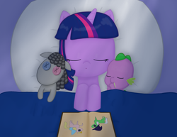 Size: 3300x2550 | Tagged: safe, artist:poppun, smarty pants, spike, twilight sparkle, dragon, pony, unicorn, baby, baby dragon, baby spike, bed, blanket, book, cute, doll, eyes closed, female, filly, filly twilight sparkle, male, mama twilight, pillow, sleeping, spikabetes, spikelove, story book, toy, twiabetes