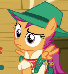 Size: 665x719 | Tagged: safe, screencap, scootaloo, on your marks, animated, clothes, cropped, cutie mark, discovery family logo, flank, hat, leather pants, lederhosen, out of context, plot, the cmc's cutie marks, unamused, we already got our mark, yodeloo