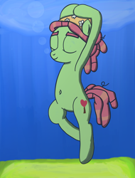 Size: 2552x3352 | Tagged: safe, artist:saburodaimando, tree hugger, pony, belly button, bipedal, bubble, green sand, life drawing, model, solo, underwater