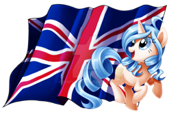 Size: 1024x683 | Tagged: safe, artist:centchi, oc, oc only, oc:opuscule antiquity, pony, unicorn, british, english, female, flag, mare, solo, union jack, watermark