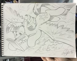 Size: 600x475 | Tagged: safe, artist:andypriceart, twilight sparkle, twilight sparkle (alicorn), alicorn, pony, book, commission, female, flying, learning to fly, mare, monochrome, reading, solo, song reference, this will end in pain, this will end in tears, tom petty & the heartbreakers, traditional art