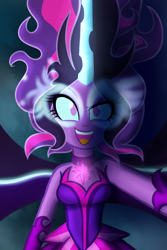 Size: 1000x1500 | Tagged: safe, artist:wubcakeva, midnight sparkle, sci-twi, twilight sparkle, equestria girls, friendship games, bare shoulders, clothes, evil, glowing horn, jewelry, looking at you, pendant, selfie, sleeveless, solo, strapless