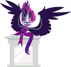 Size: 5541x5212 | Tagged: safe, artist:osipush, midnight sparkle, sci-twi, twilight sparkle, equestria girls, friendship games, absurd resolution, clothes, crossed arms, crossed legs, fingerless gloves, gloves, glowing eyes, inkscape, looking at you, necklace, pedestal, pendant, sitting, solo, spread wings, upskirt denied, wings