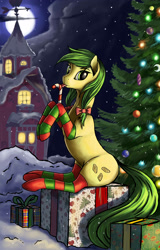 Size: 2131x3332 | Tagged: safe, artist:lightly-san, artist:lunebat, apple fritter, collaboration, apple family member, candy, candy cane, christmas tree, clothes, female, food, looking at you, moon, present, sitting, snow, socks, solo, striped socks, tree