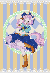 Size: 1000x1453 | Tagged: safe, artist:buryooooo, sweetie belle, anthro, plantigrade anthro, belt, blouse, boots, clothes, cow belle, cowboy boots, cowboy hat, cowgirl, cute, dancing, diasweetes, gloves, hat, music notes, open mouth, petticoat, raised leg, shirt, skirt, solo, sparkles, square dance, stetson, vest, wink