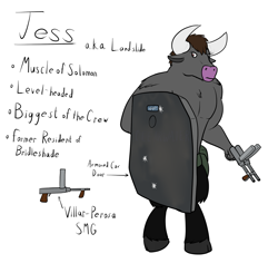 Size: 1561x1527 | Tagged: safe, artist:the-furry-railfan, oc, oc only, oc:jess, minotaur, fallout equestria, fallout equestria: long haul, gun, reference sheet, shield, submachinegun, weapon