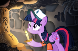 Size: 2000x1300 | Tagged: safe, artist:tina-de-love, twilight sparkle, twilight sparkle (alicorn), alicorn, pony, candle, cap, claws, clothes, dipper pines, female, gravity falls, hat, mare, shirt, solo, spider web