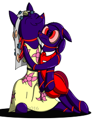 Size: 1920x2560 | Tagged: safe, artist:derpanater, oc, oc only, oc:mayall, oc:turnip soup, fallout equestria, fallout equestria: dance of the orthrus, clothes, commission, confused, digital art, dress, glow, glowing eyes, happy, hug, jumpsuit, purple, shell, shiny, smiling