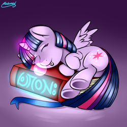 Size: 3000x3000 | Tagged: safe, artist:malamol, twilight sparkle, twilight sparkle (alicorn), alicorn, pony, book, bookhorse, bookmark, chibi, cute, glow, hnnng, runes, sleeping, solo, that pony sure does love books, tongue out, twiabetes, underhoof