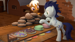 Size: 1920x1080 | Tagged: safe, artist:percytechnic, soarin', oc, oc:pastry treat, pony, 3d, bakery, blender, bread, cake, cupcake, donut, food, pie, shop, that pony sure does love pies, this will end in weight gain